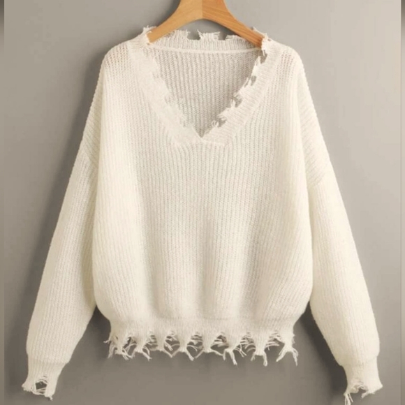 Streetwear Society Women's White Frayed Ribbed Knit Sweater - Picture 2 of 16